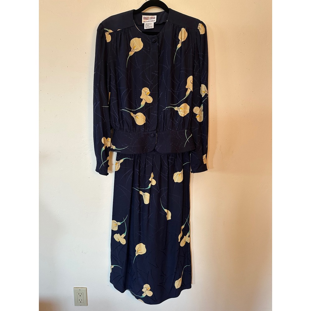 Vintage Maggy London Jeannene Booher Silk Dress Navy Blue Calla Lily Floral Sm.